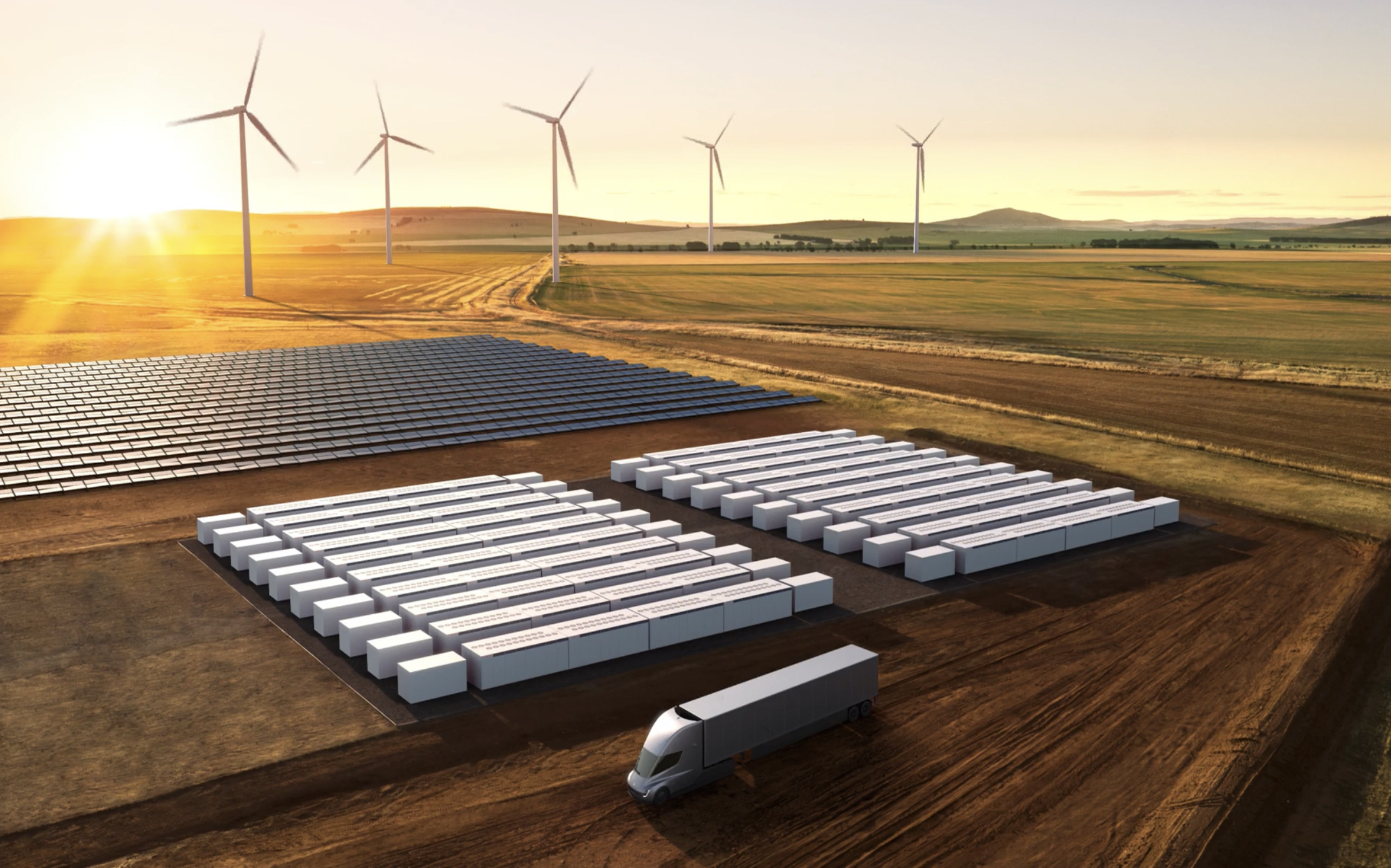 Najväčšie batériové úložisko na svete (batérie Tesla Megapack) poháňané veternou a solárnou energiou (Zdroj: Tesla)