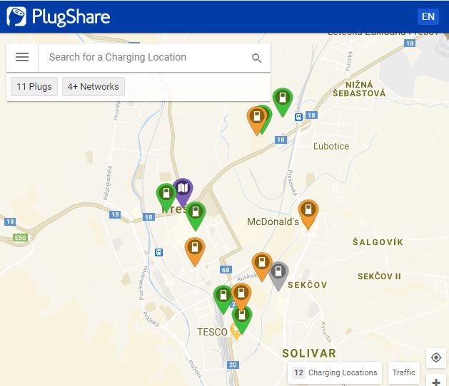Elektromobily a nabíjacie stanice v Prešove (Zdroj: Plugshare)
