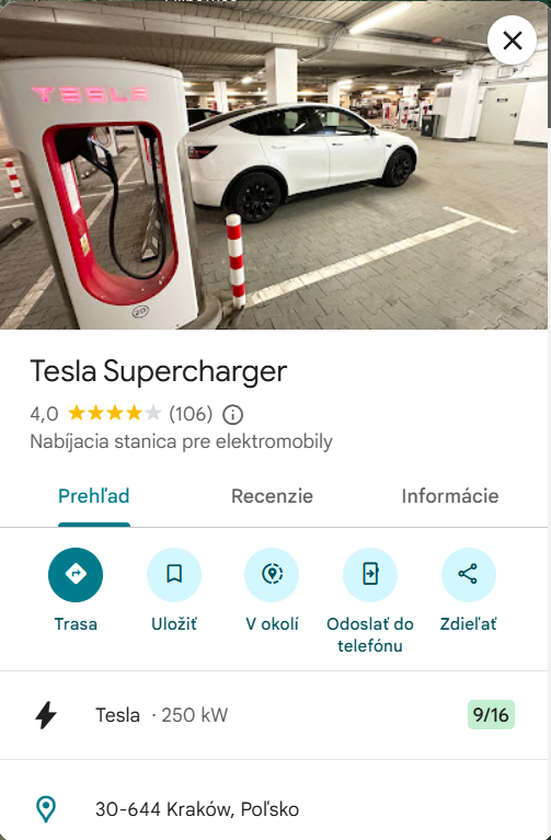 Tesla Supercharger - Google Mapy